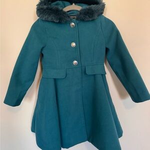 Teal Girls Dress Coat with Faux Fur Trim